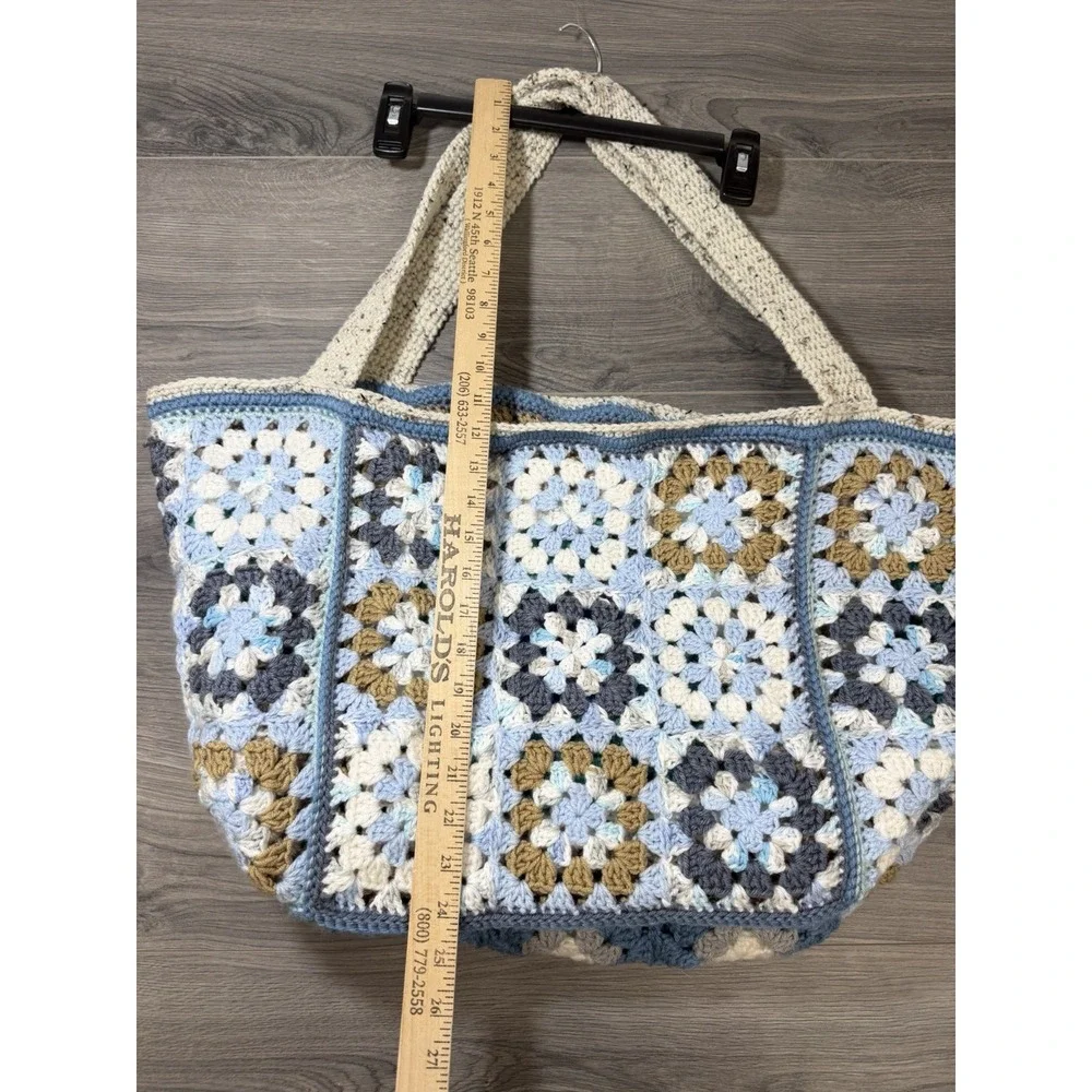 Handmade Crochet Granny Square Large Reversible Tote Bag Boho Hippie Blue Brown